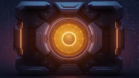 Pulsing orange core in futuristic secure tech crate with glowing padlock icon