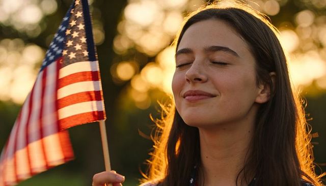 Young woman holding american flag at sunset, closing eyes, serene backlit portrait