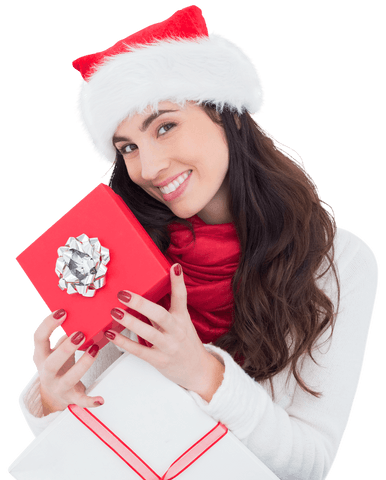 Smiling Brunette Holding Christmas Gifts in Transparent Setting