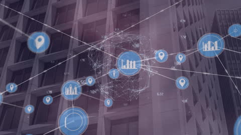 Digital Network Icons Over Urban Skyscraper Backdrop