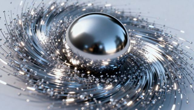 Reflecting metal sphere amid spiraling filaments and sparkling beads for futuristic tech