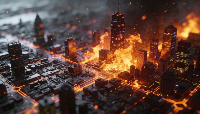 Nighttime city blaze with molten glow engulfing urban downtown grid and towering skyscrapers