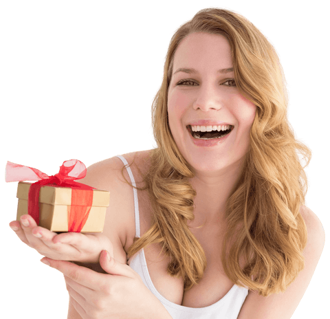 smiling young woman holding gift with transparent overlay - Download Free Stock Videos Pikwizard.com