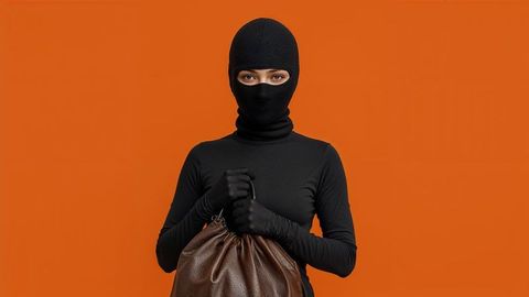 Mysterious female burglar figure holding bag in modern urban style