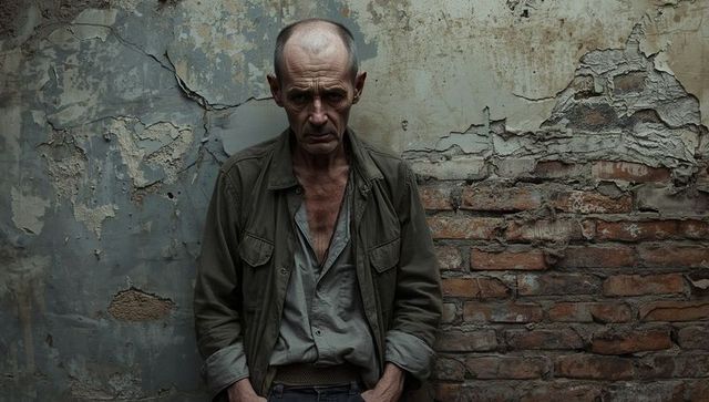 Senior man contemplating dilapidated wall in grungy urban scene