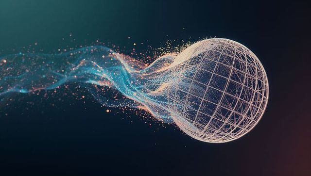 Digital sphere streaming colorful particles in futuristic void