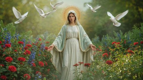 Divine the virgin mary woman in garden with halo and doves representing peace