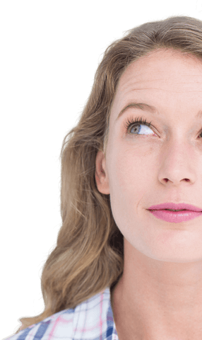 Pensive woman gaze on transparent background