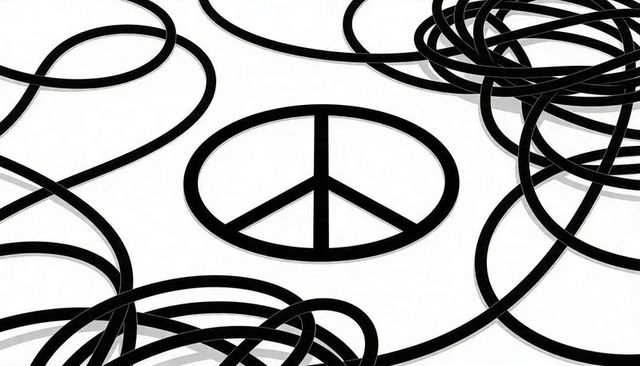 Central peace symbol resting among tangled black rings and shadows on white background