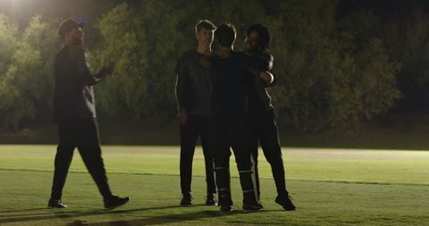 Diverse cricket teammates celebrating under floodlights after wicket strike