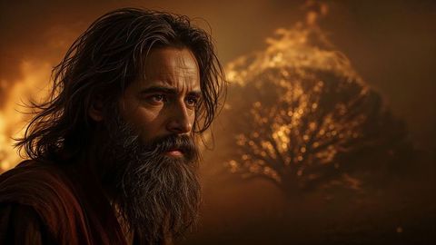 Contemplative moses in wilderness at night with burning bush