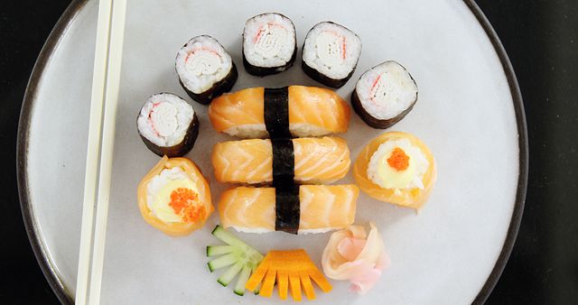 Assorted Sushi Rolls and Nigiri on White Plate with Chopsticks - Download Free Stock Images Pikwizard.com