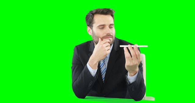 Businessman in a suit contemplating while holding a pregnancy test against a green screen background. Suitable for themes such as unexpected news, corporate situations, dilemmas, or family planning. Ideal for use in advertisements, educational materials, or presentations regarding personal decisions, health awareness, and professional reactions.