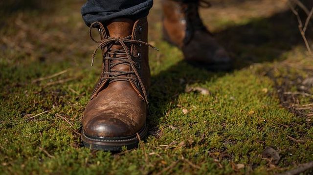 Standing worn brown leather hiking boot pressing into mossy forest floor with denim cuff