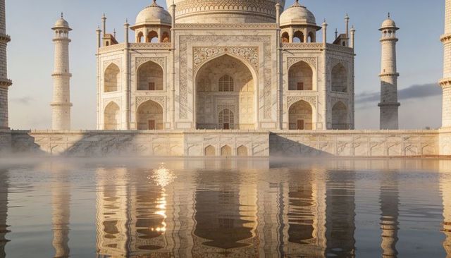 Sunlit taj mahal reflection at golden hour with mist over forecourt pool