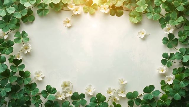 Framing Clover Border with White Blossoms Surrounding Pale Cream Negative Space for Design