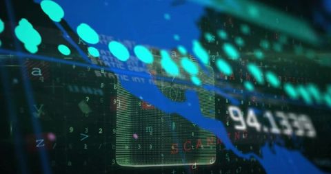 Neon data wave with teal nodes and holographic grid showing real-time metric 94.1388 telemetry