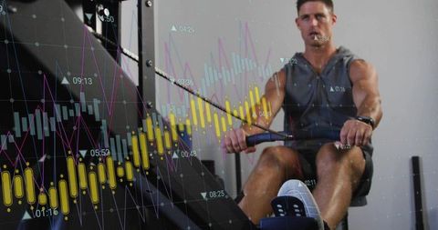 Athlete training on rowing machine with fitness analytics overlay for performance tracking