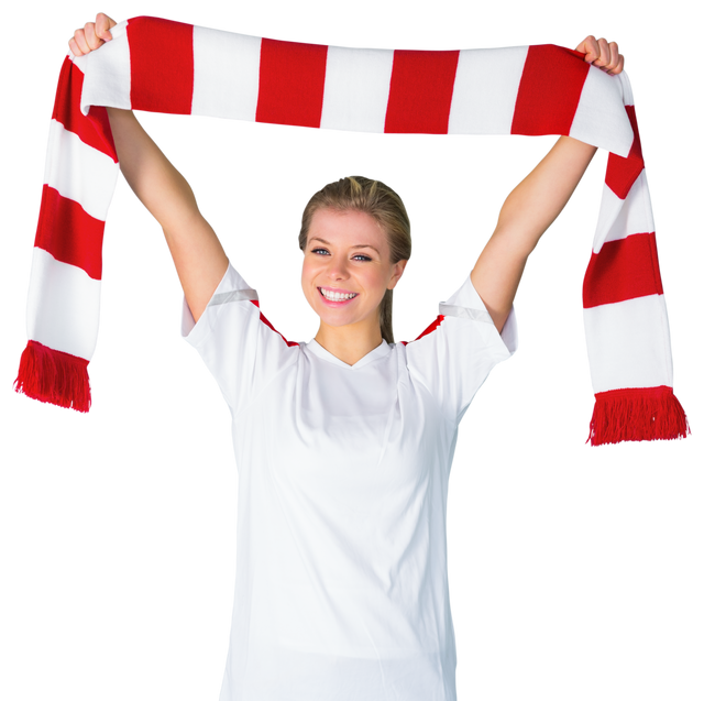 Cheering Female Football Fan with Red and White Stripe Scarf Transparent Background - Download Free Stock Videos Pikwizard.com