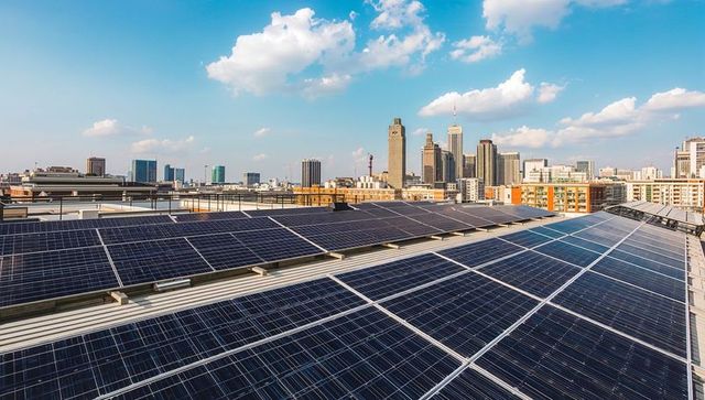 Urban Rooftop Solar Array Powering Sustainable City Skyline with Photovoltaic Panels