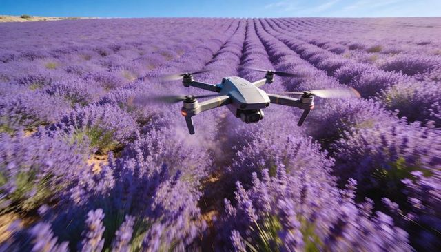 Foldable Quadcopter Flying Low Over Lavender Field Capturing Aerial Footage