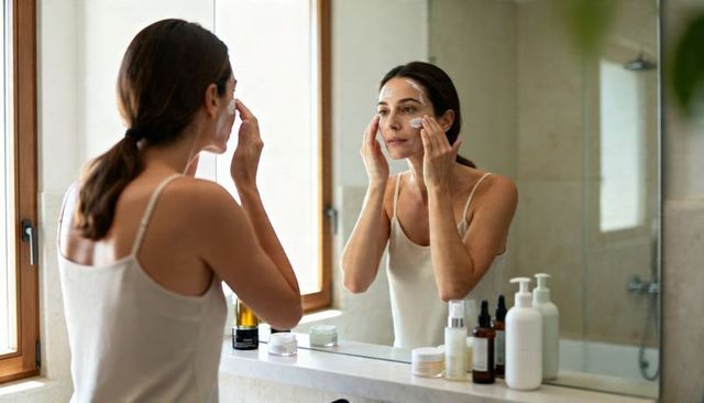 Woman applying skincare cream at bathroom mirror during minimal morning routine