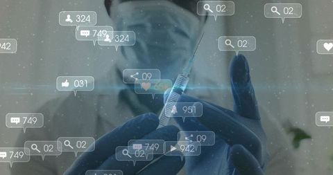 Clinician preparing syringe with social notification overlays showing public reaction