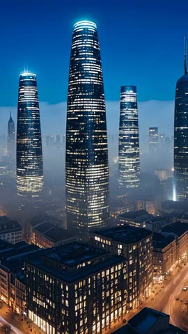 Vertical Night Rotation over Foggy Cylindrical Skyscrapers in Modern Downtown Skyline