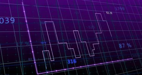 Animated neon 3d data grid showing rising and falling step chart with floating labels