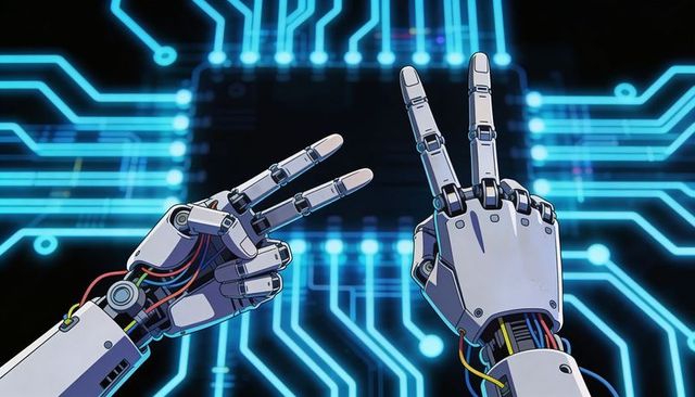 Robotic forearms making double v sign over neon blue circuit microchip futuristic tech