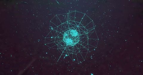 Rotating teal wireframe stellar core with orbital nodes and neon geometric mesh