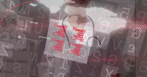 Female Doctor Adjusting Stethoscope with Digital Map Overlays