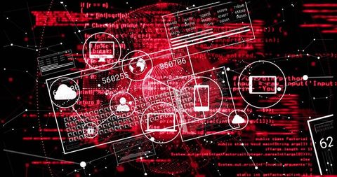 Futuristic digital interface with code and cloud icons on red matrix