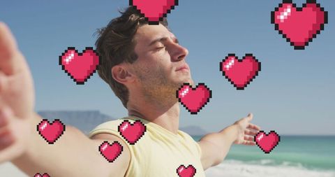 Man Embracing Nature with Floating Heart Icons on Beach