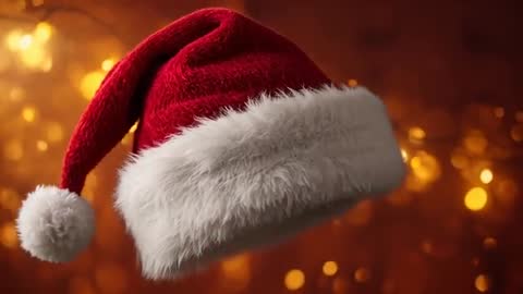 Rotating red Santa hat tilting with fluffy fur brim against golden bokeh holiday lights