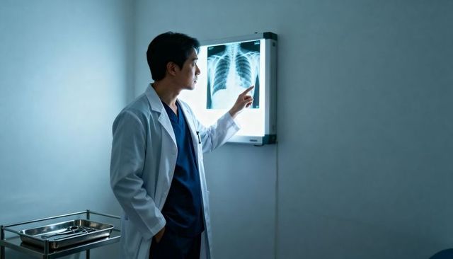 Doctor examining chest x-ray on lightbox in clinic radiology room, focused diagnosis