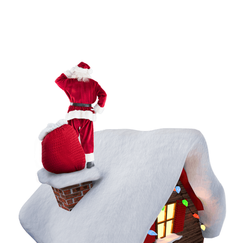 Santa Claus Standing on Snowy Roof with Sack Transparent Background