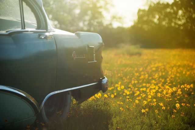 Depicts a vintage car parked in a field of yellow wildflowers, illuminated by soft sunlight on a clear day. Perfect for themes of nostalgia, retro lifestyle, serene outdoor scenery, and countryside ambiance.