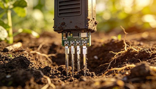 Soil moisture probe detecting moisture with exposed circuit board and metal prongs