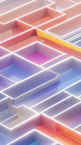 Gliding Camera Over Neon-Outlined 3D Platforms Shifting Through Vertical Futuristic Space