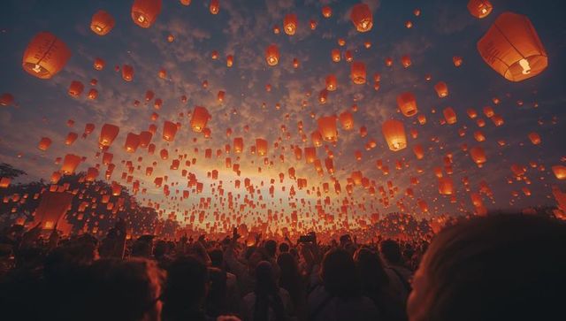 Lantern release festival under vibrant twilight sky