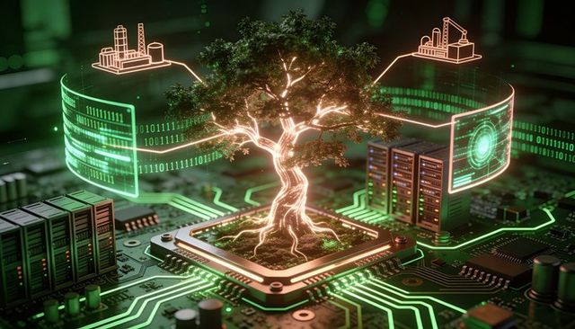 Cybernetic tree growing on microchip, pulsing neon circuitry linking holographic servers