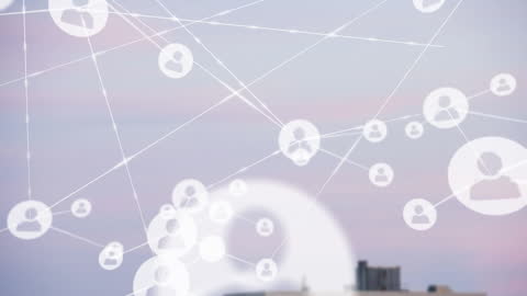 Digital Network of Profile Icons Over Cityscape Background