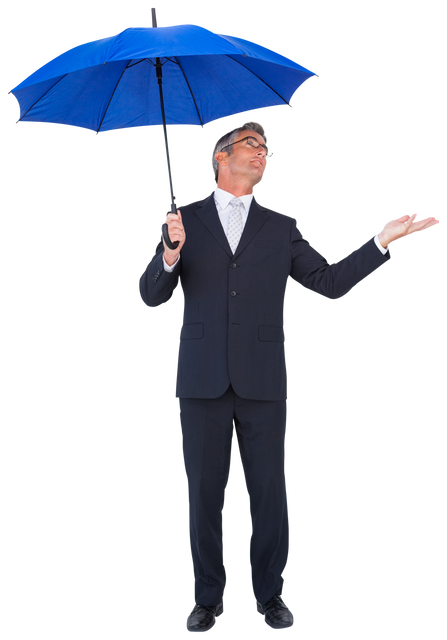 Businessman in Suit Holding Blue Umbrella Claiming Weather Conditions - Download Free Stock Videos Pikwizard.com