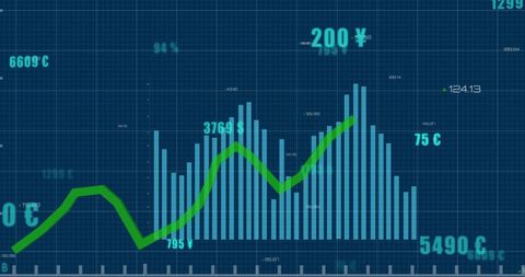 Digital financial data visualization with rising graph against grid background