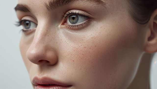 Showing natural skin texture and freckles on youthful female face close-up