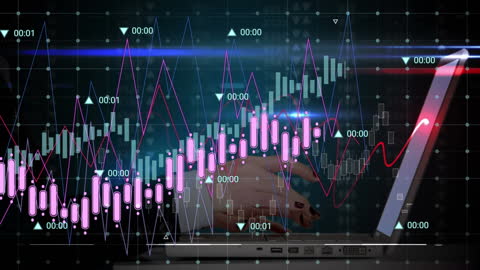 Businessman Analyzing Financial Data on Laptop with Graph Overlays