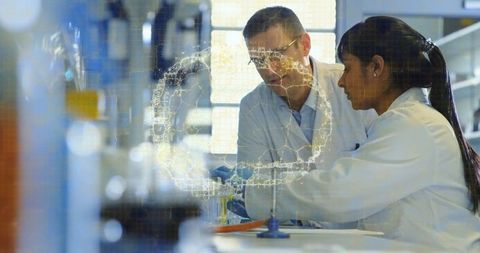 Diverse Scientists Exploring Data with Digital Brain Hologram Overlay