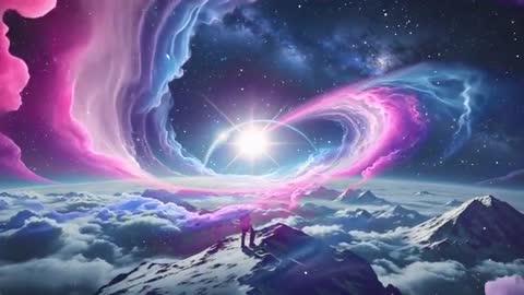 Climber Encountering Surreal Cosmic Vortex on Snowy Mountain Peak