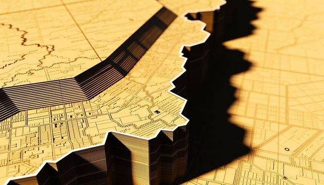 Stacking paper layers forming printed map relief, casting deep shadow, white rim accent